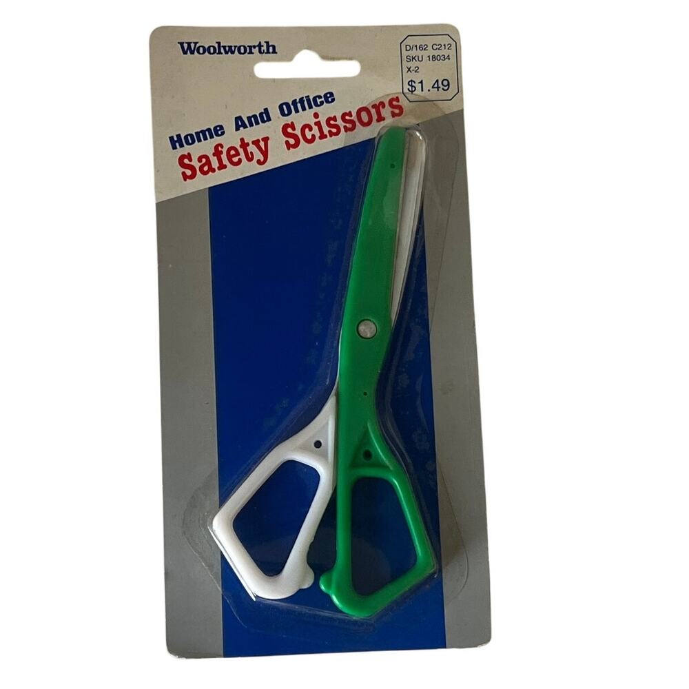 Vintage Woolworth Safety Scissors Kids Plastic Green White Home Office NOS